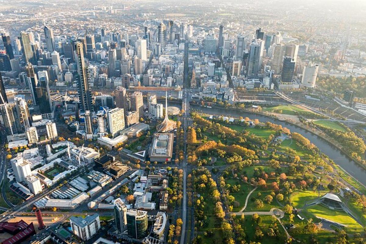 an aerial view of a city with tall buildings
