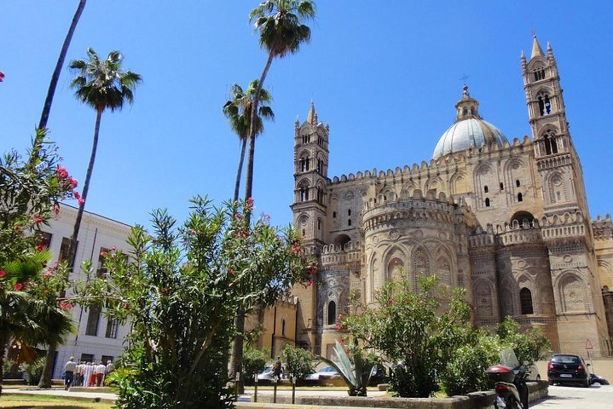 sebuah katedral dengan pokok palma di hadapan sebuah bangunan