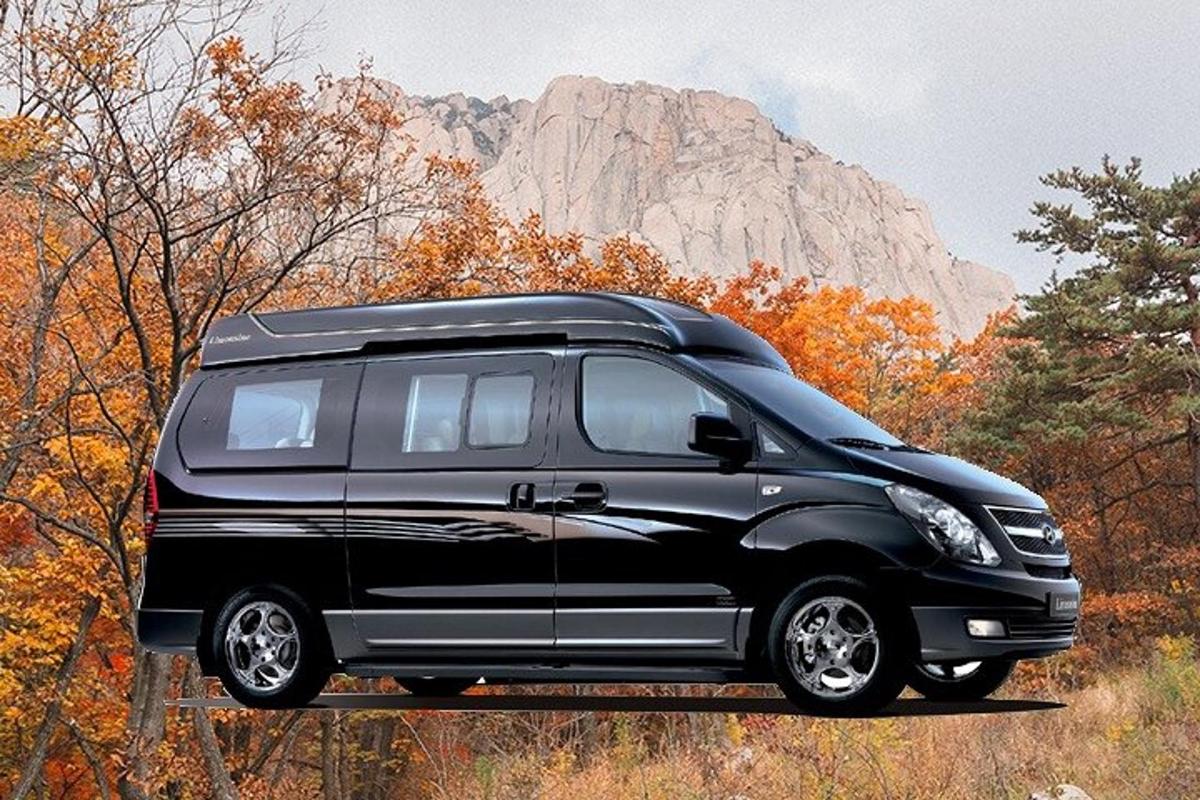 Una camioneta negra estacionada en una carretera con una montaña al fondo