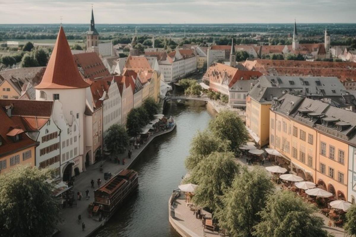 pohled na město s řekou a budovami