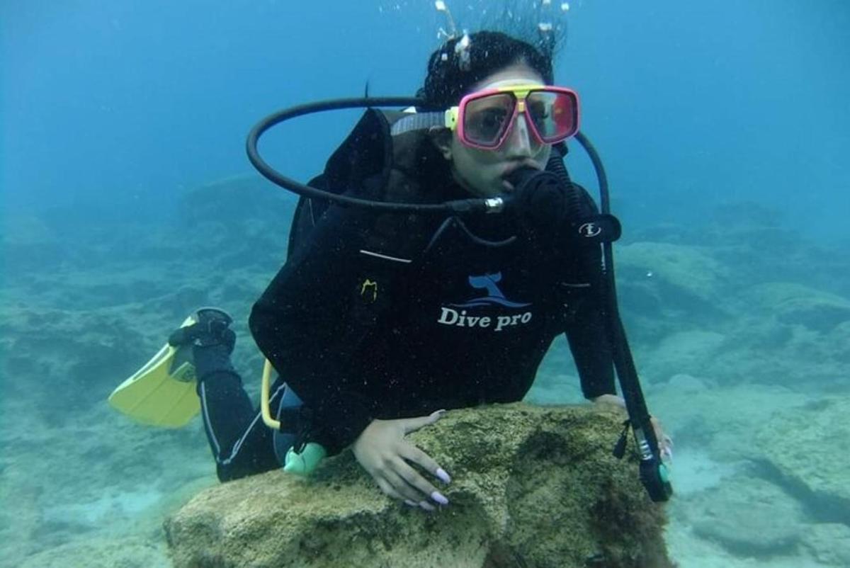 seseorang dalam pakaian penyelam duduk di atas batu di dalam air