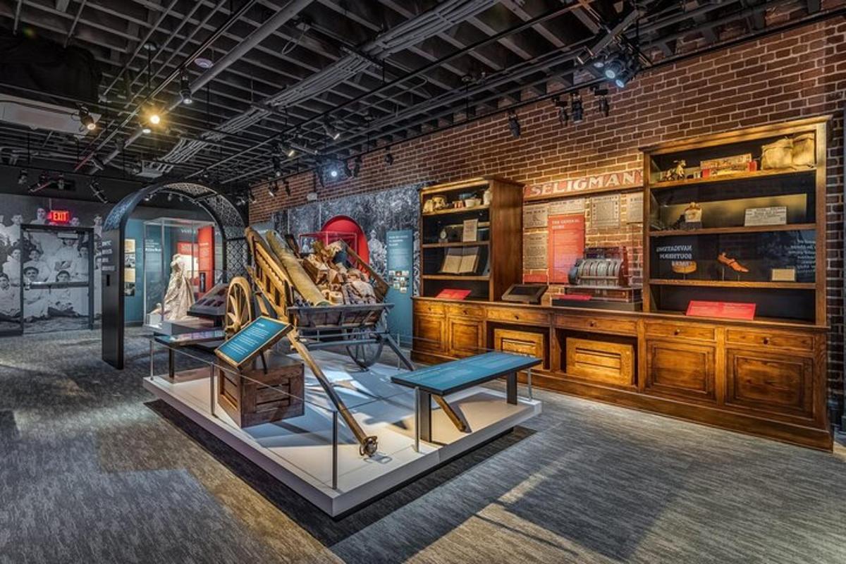 a museum with a display of artifacts in a brick wall