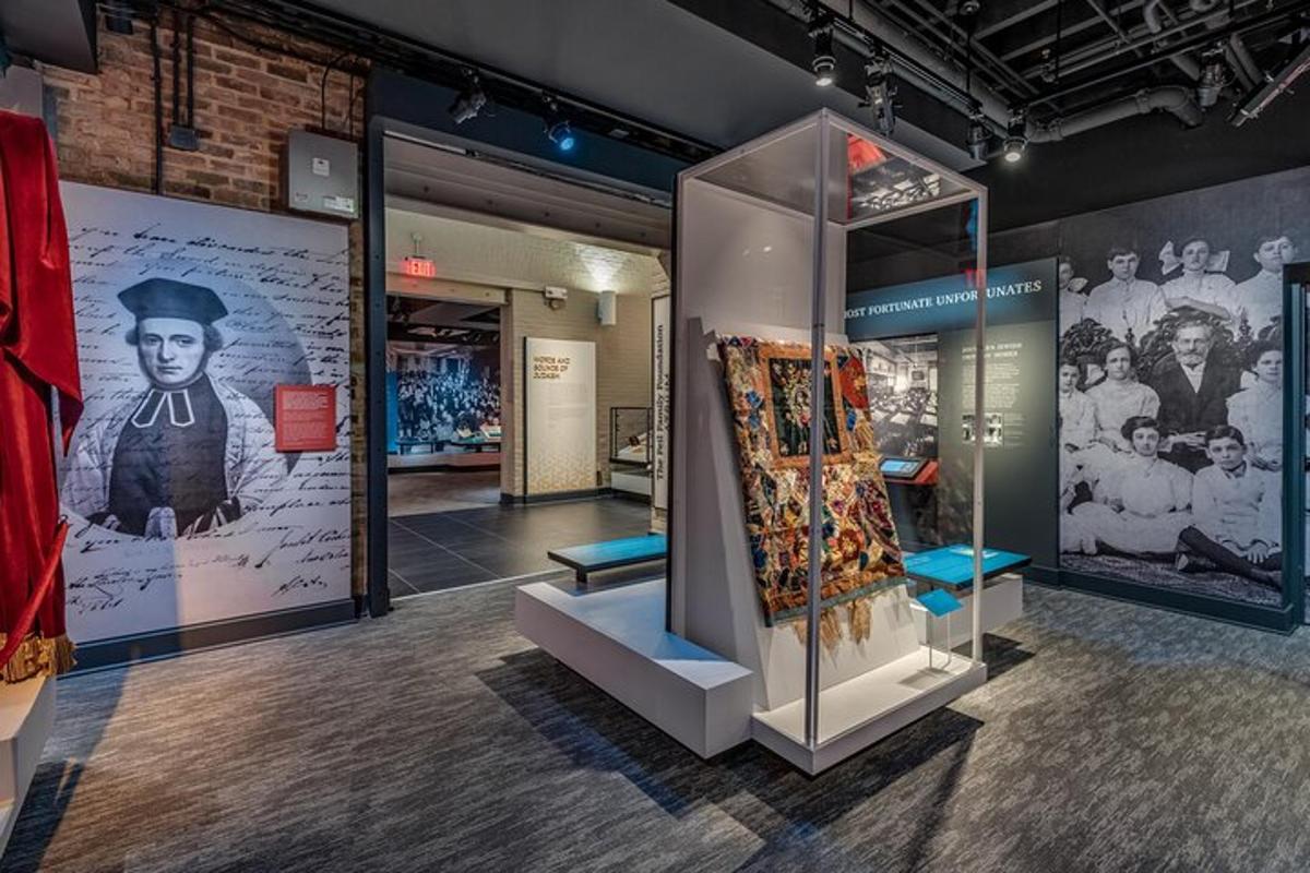 a display case in a museum with a group of exhibits