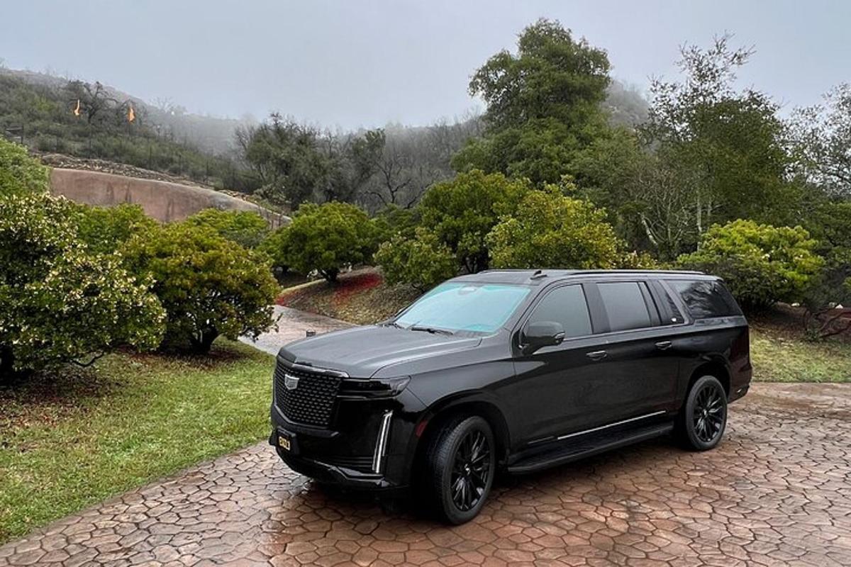 a black suv parked on a stone road