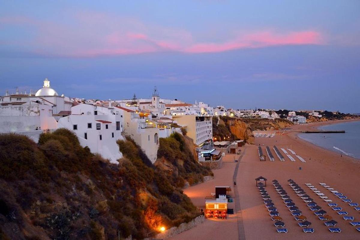 uma vista de uma praia com um grupo de carros estacionados