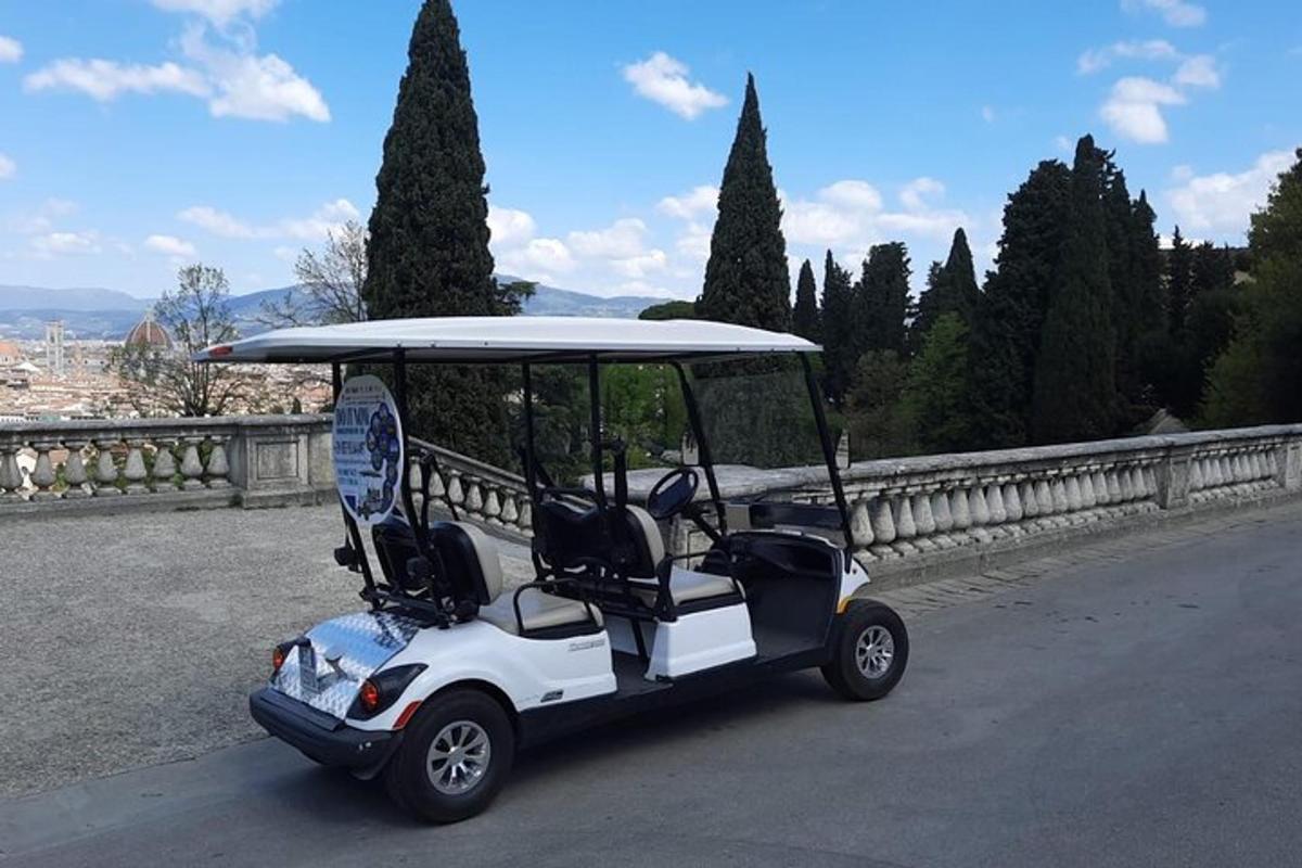 un golf cart parcheggiato sul ciglio di una strada