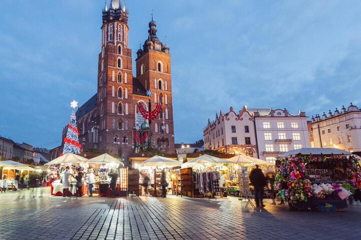 a christmas market in a city with two towers
