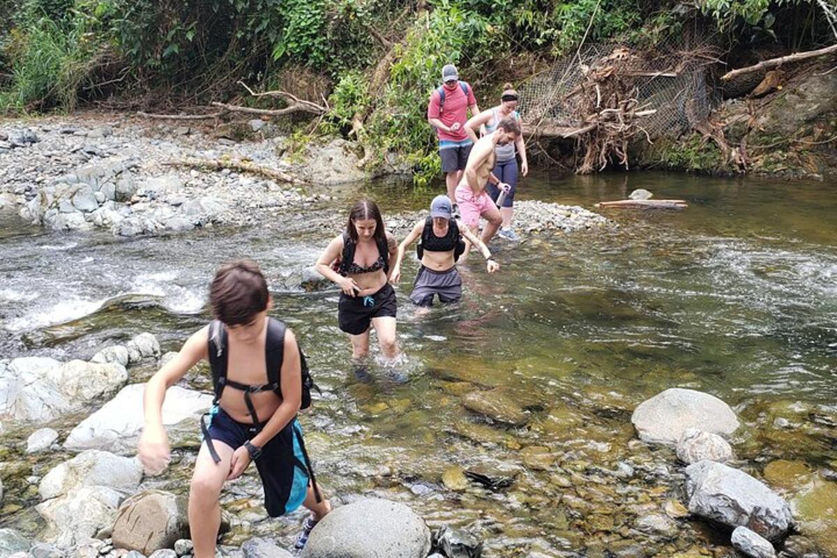 a group of people walking in a river