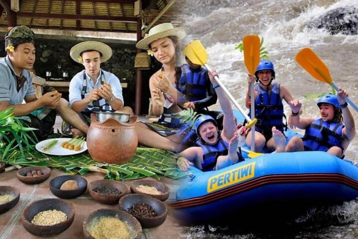 a group of people are rafting on a river