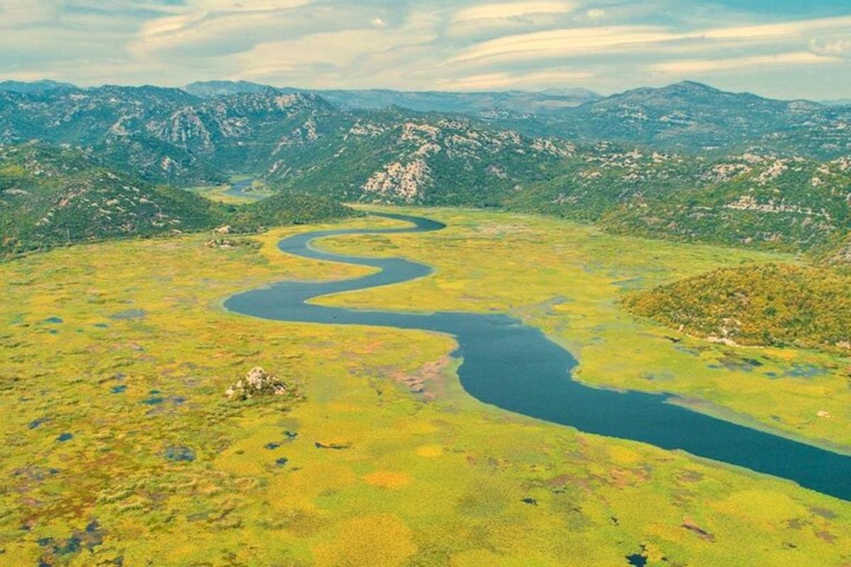 pemandangan udara sungai di padang dengan gunung