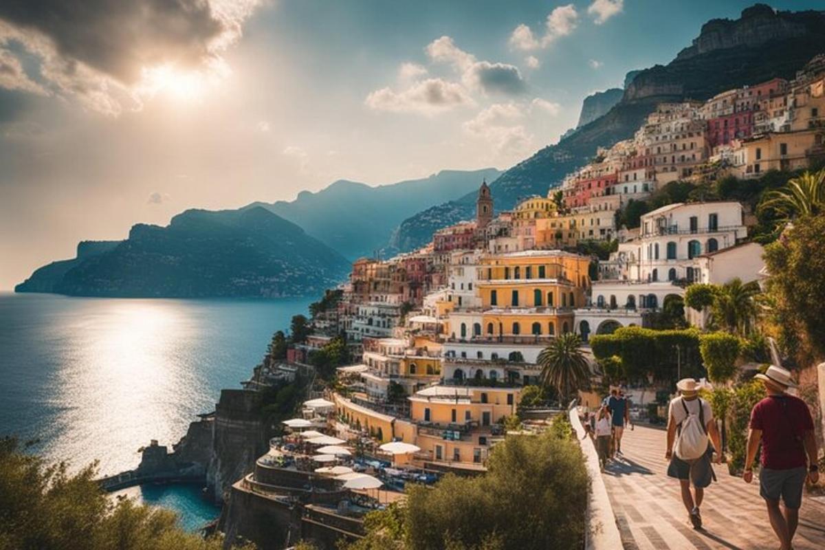 oameni care se plimbă de-a lungul coastei Amalfi, lângă apă