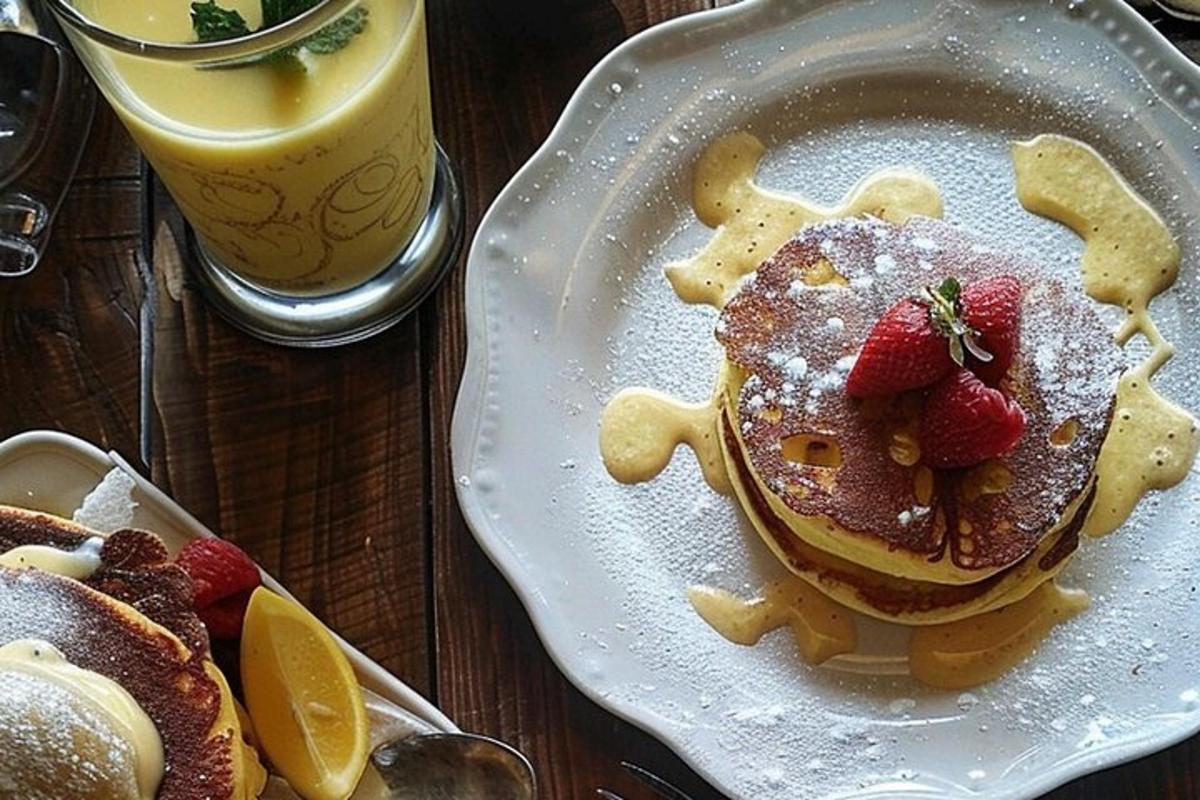 a plate of pancakes with strawberries and a drink