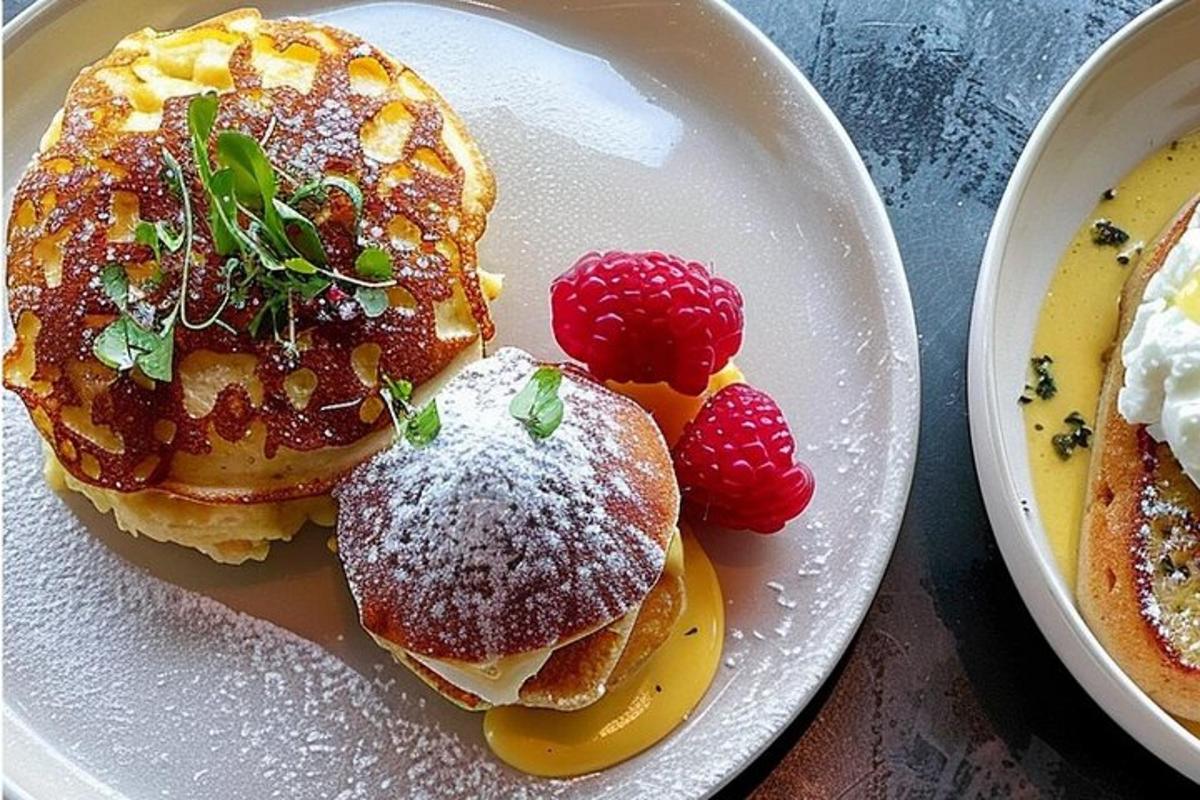 um prato de panquecas com morangos e açúcar de confeiteiro