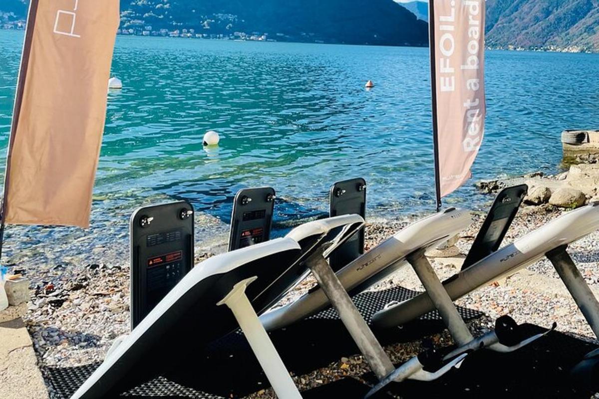 un gruppo di tavole da surf su una spiaggia vicino a uno specchio d'acqua