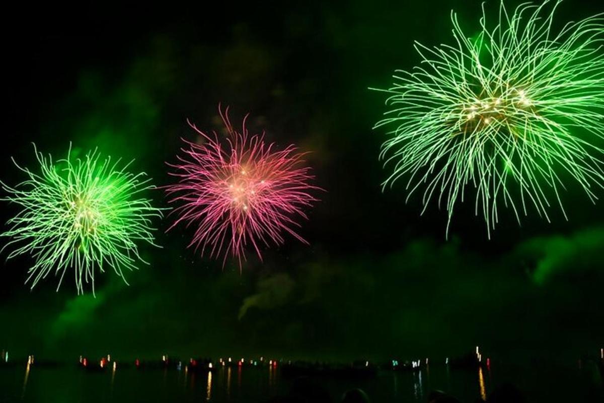 Dva barevné ohňostroje explodující na obloze nad vodou