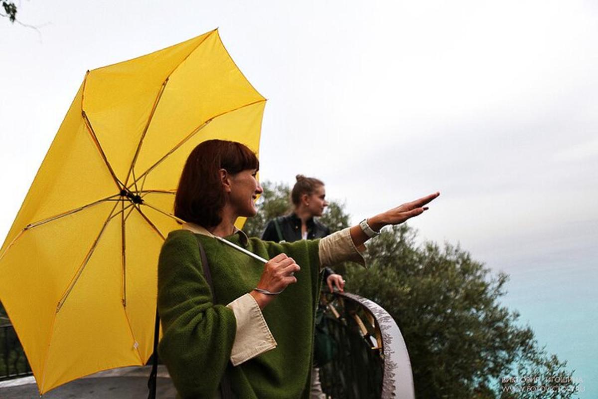 naine osutab kollasele vihmavarjule
