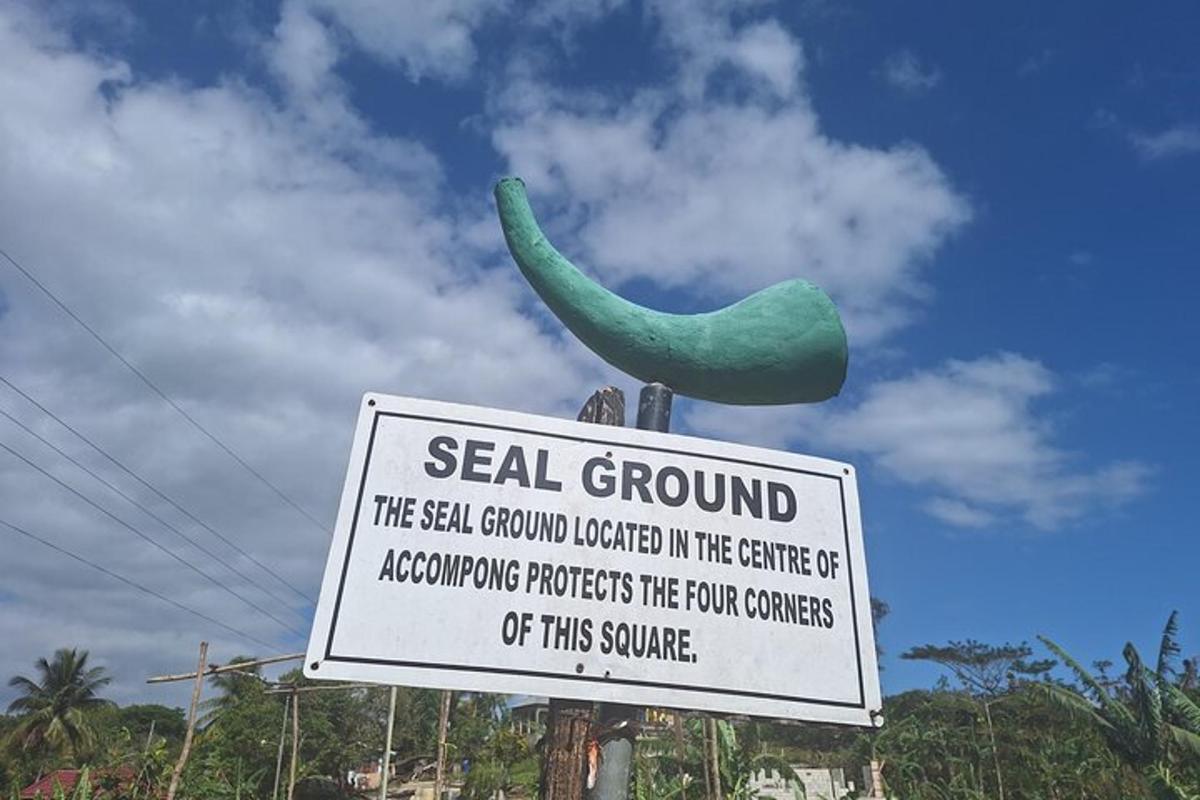 a sign in front of a sea ground with a green plant