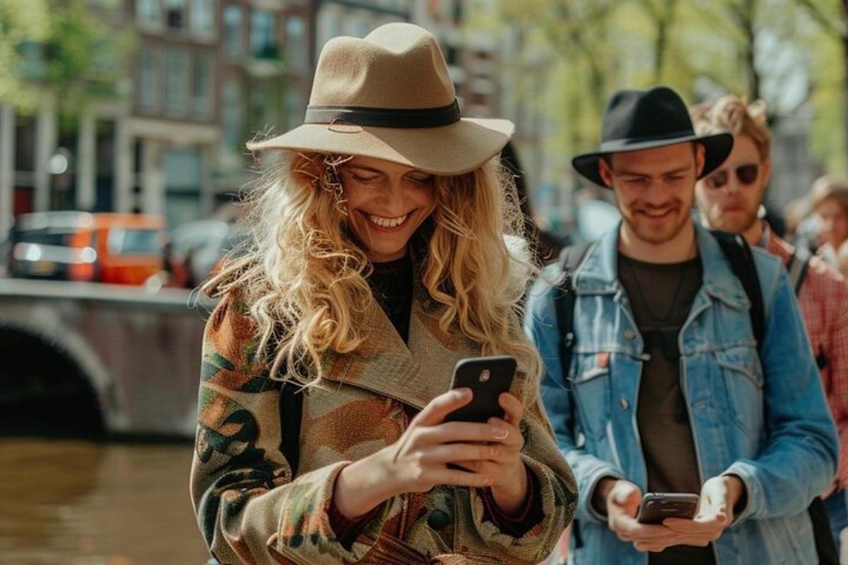 two people wearing hats looking at a cell phone