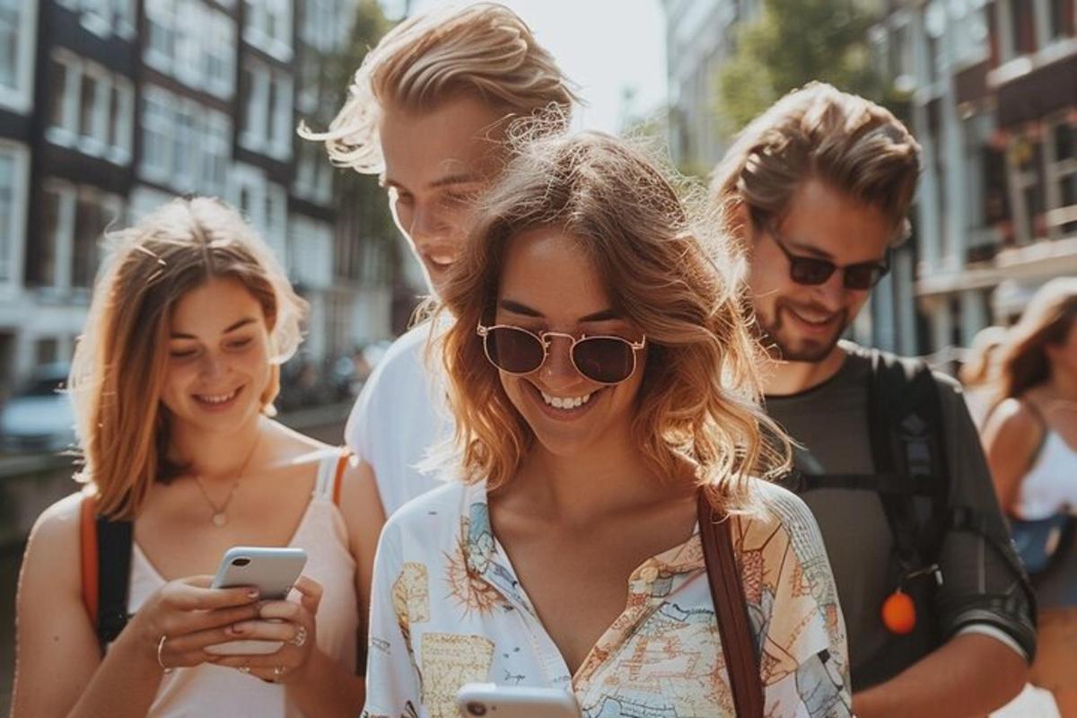 a group of people looking at a cell phone