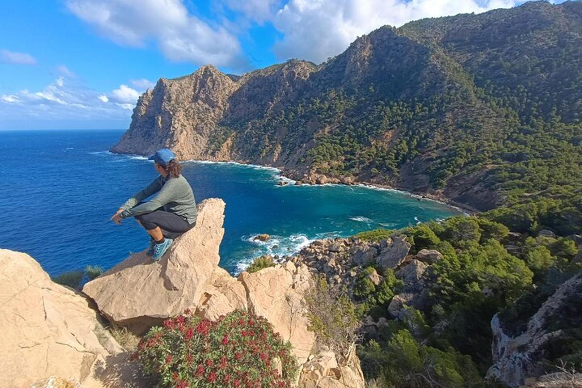 una persona asseguda en una roca amb vistes a l'oceà