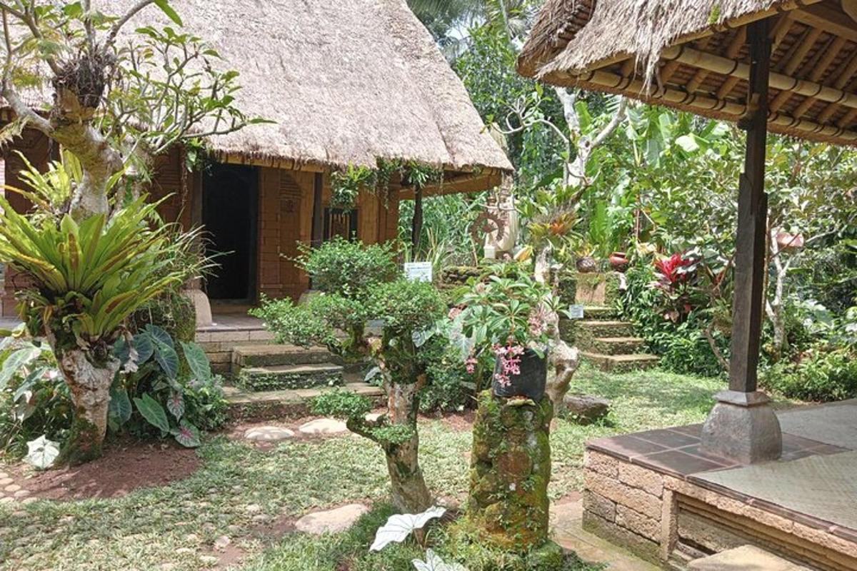 isang hardin na may maliit na bahay na may bubong na dayami