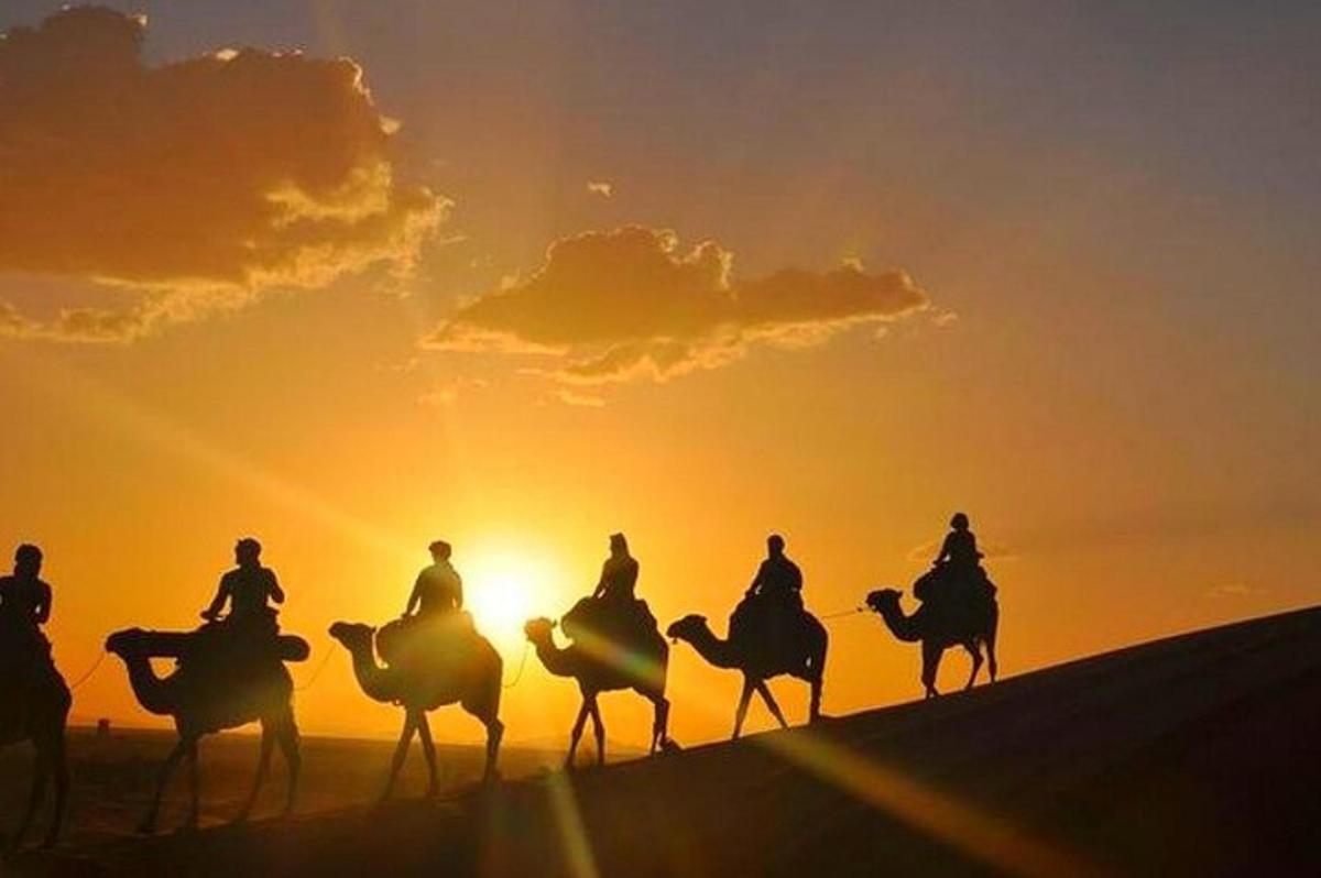 a group of people riding horses in the desert at sunset