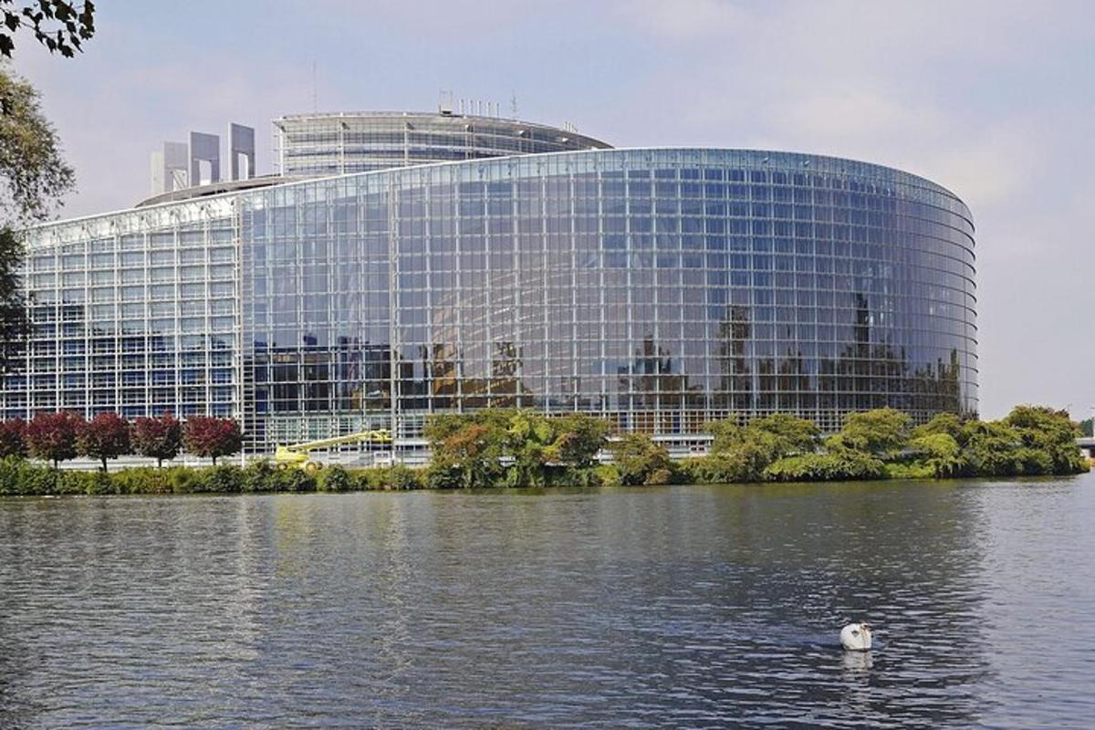 un edificio con un cigno in uno specchio d'acqua