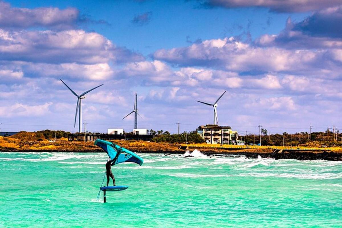 una persona su una tavola da surf nell'oceano con mulini a vento
