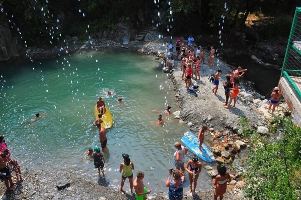 Un grupo de personas paradas en el agua en una playa.