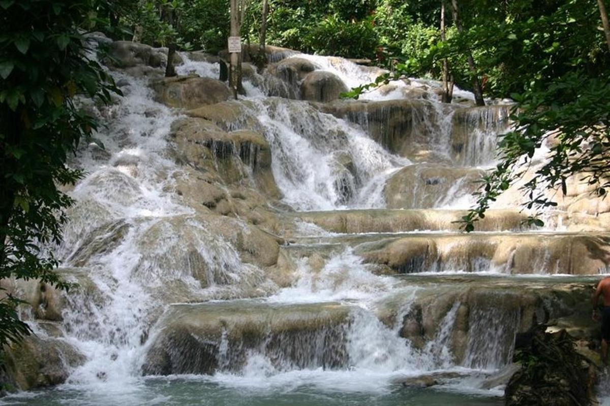 a series of waterfalls in a park with rocks