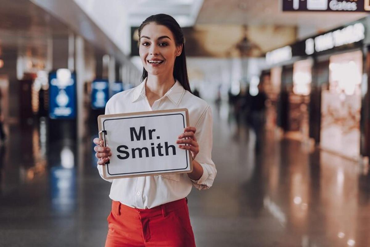 žena držící ceduli s nápisem pan Smith