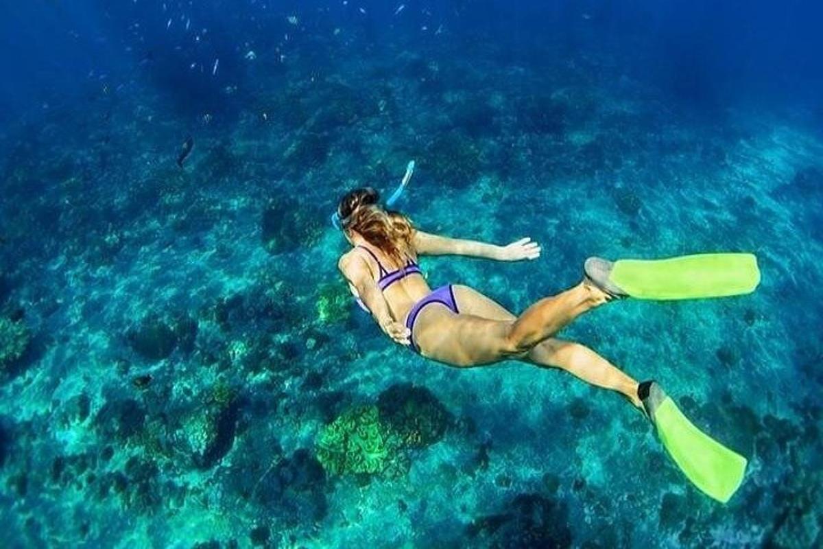 Μια γυναίκα κολυμπάει στο νερό με μια κολύμβηση με αναπνευστήρα