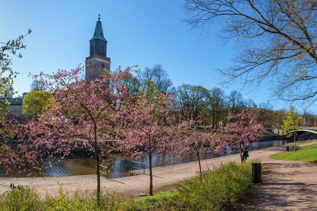 a park with a river and a clock tower