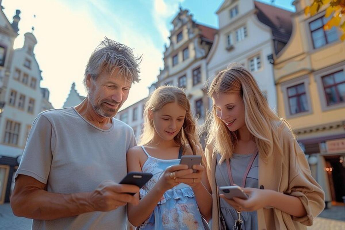 a man and two girls looking at their cell phones