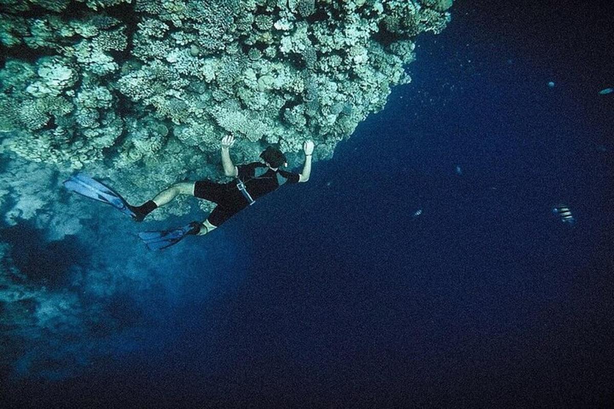 a man is swimming in the water near a reef