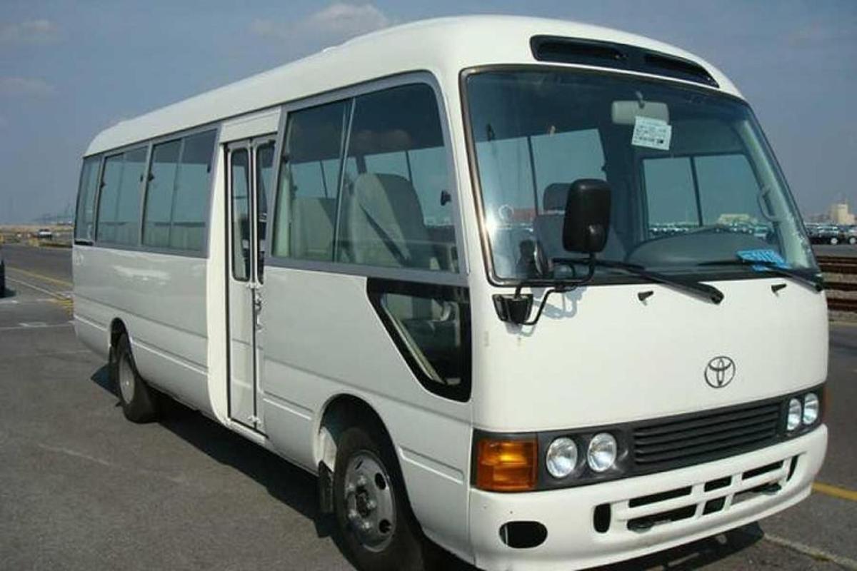 a white bus parked in a parking lot
