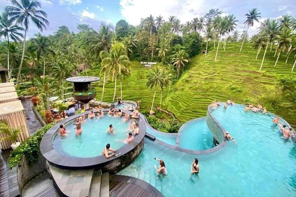 a group of people in a pool at a resort