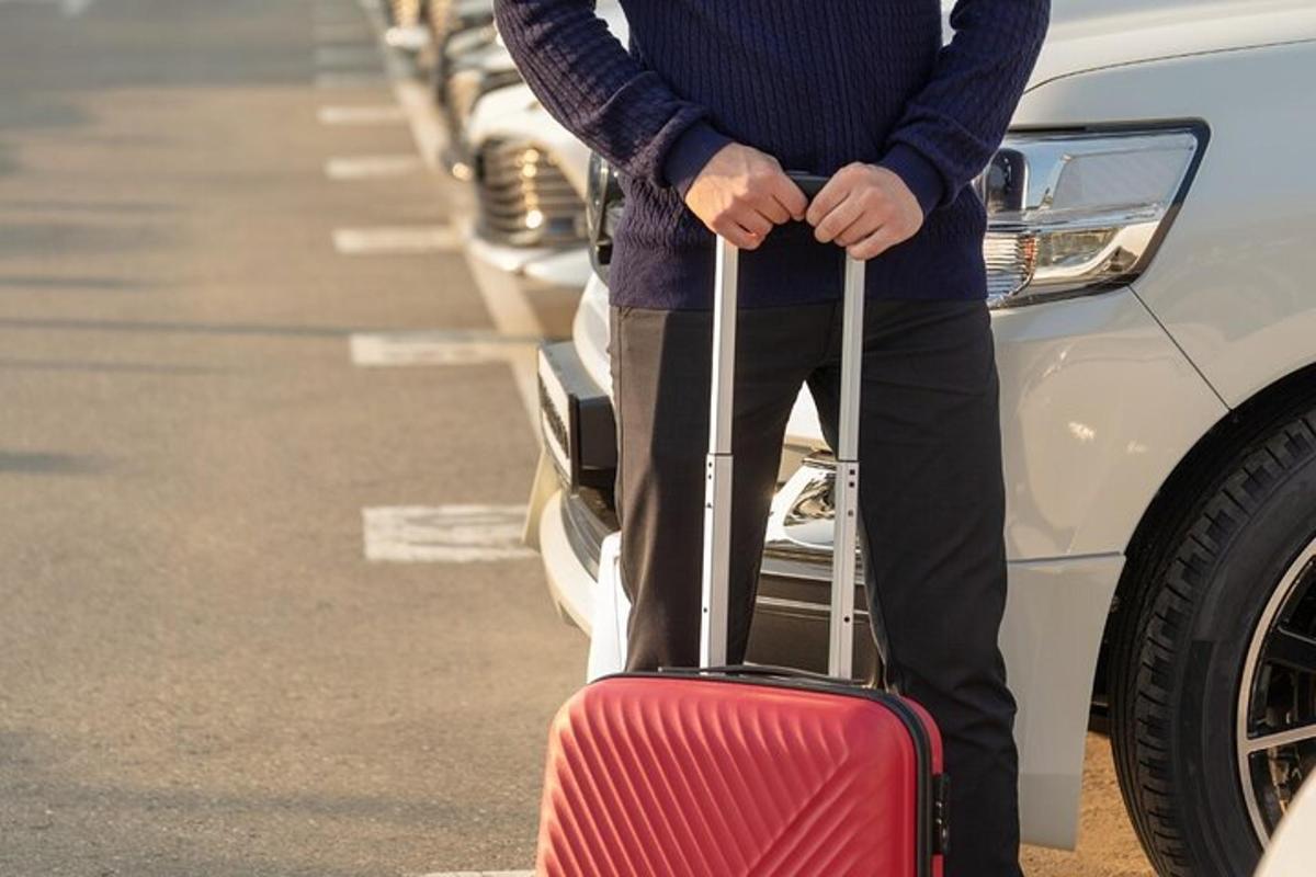 un uomo che tiene una valigia davanti a un'auto
