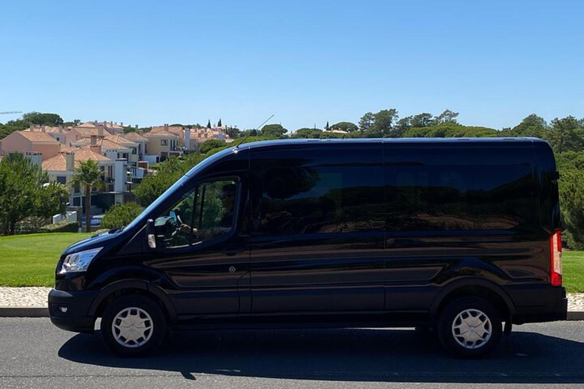 sebuah mobil van hitam diparkir di tempat parkir