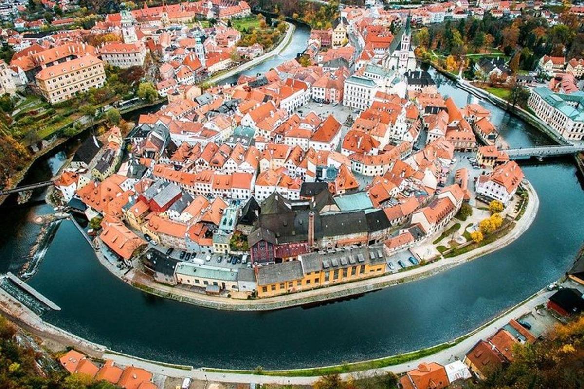 una vista aérea de una ciudad con tejados rojos