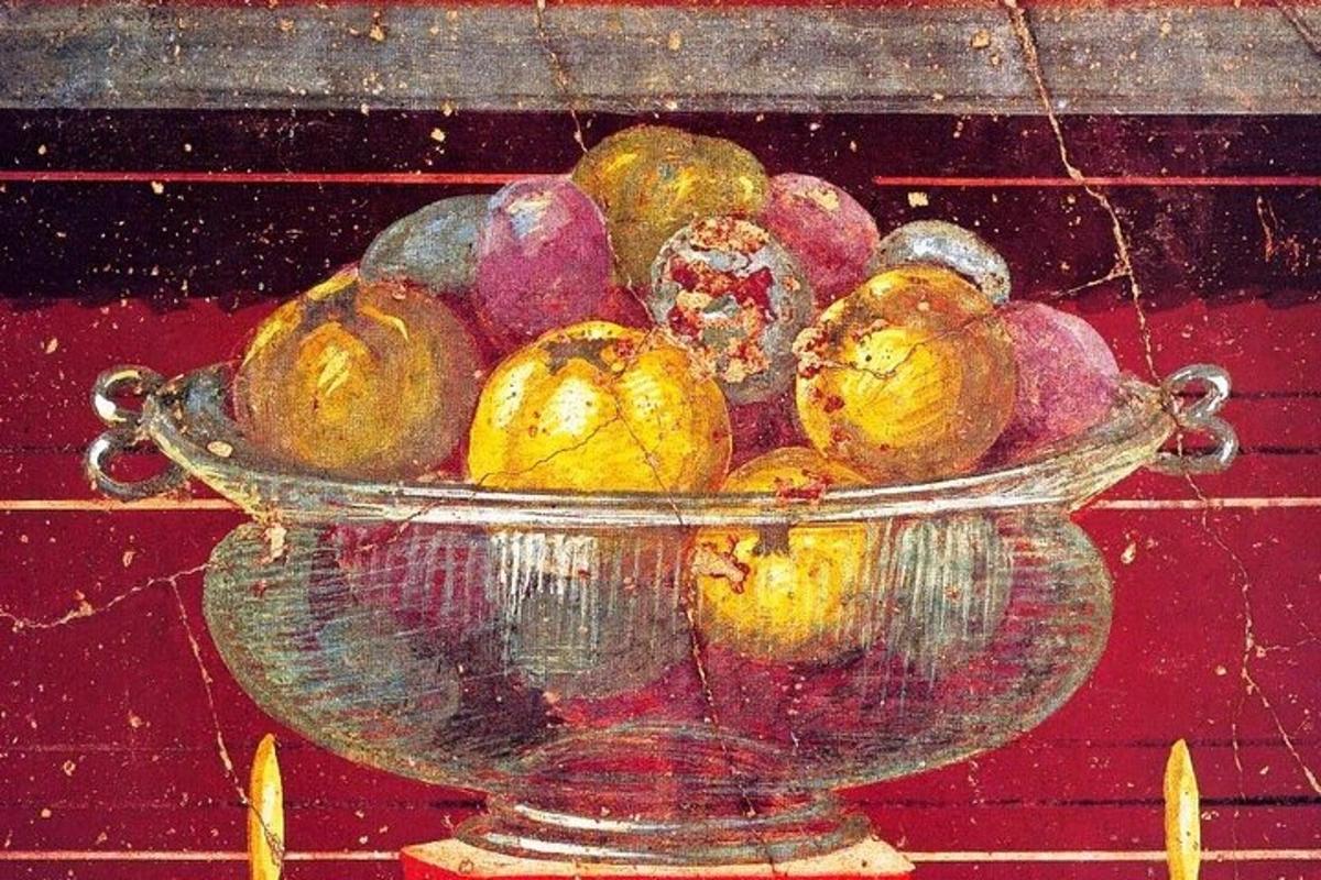 o pictură cu un bol cu fructe pe o masă