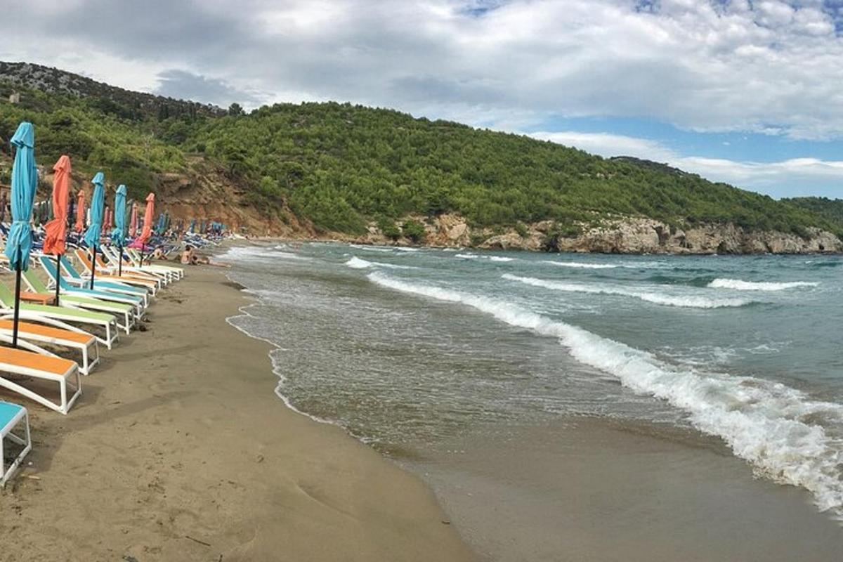una platja amb gandules i para-sols i l'oceà