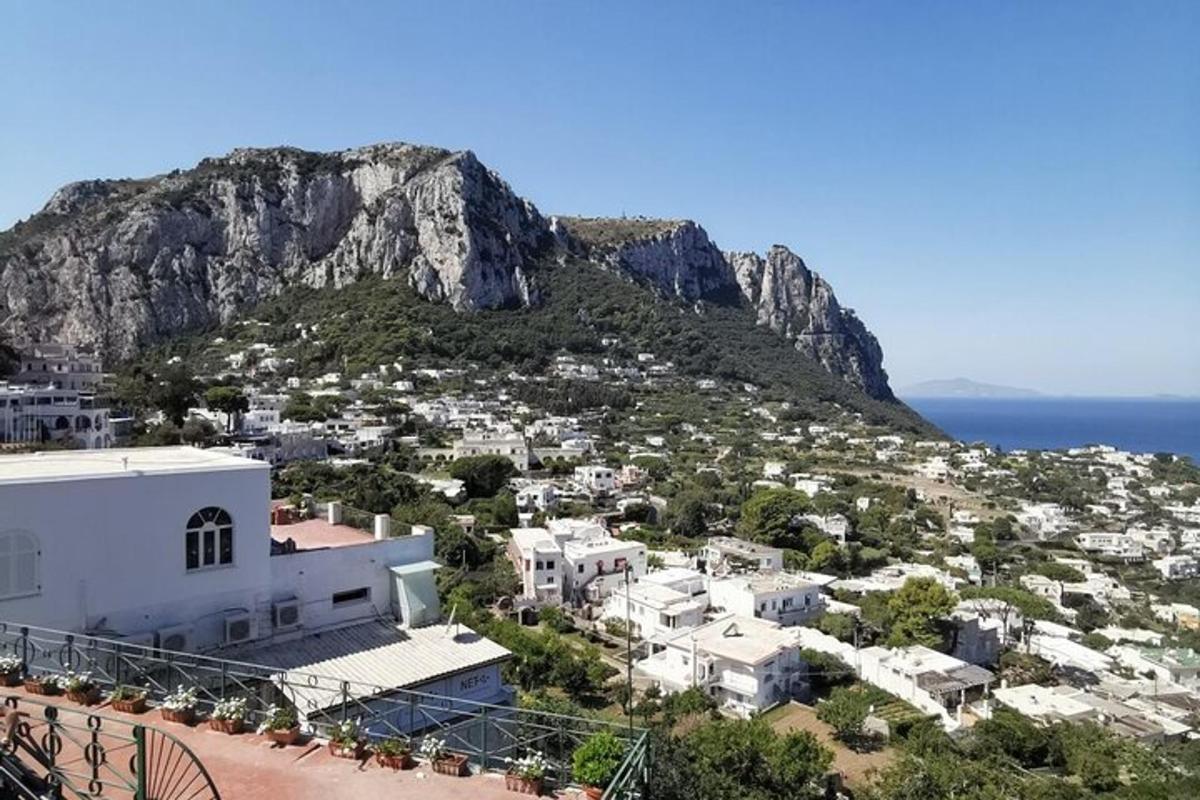 una vista di una città con una montagna sullo sfondo