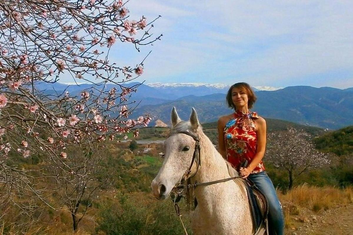 žena jedoucí na bílém koni v poli