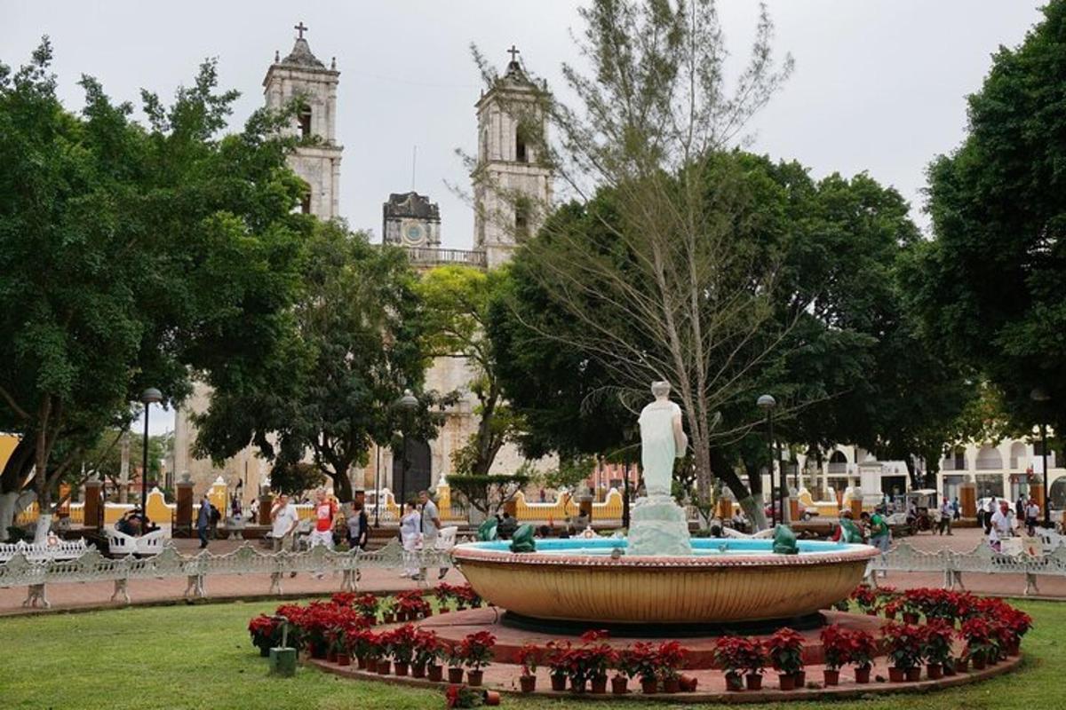 ein Brunnen in einem Park mit einer Statue vor einem Gebäude