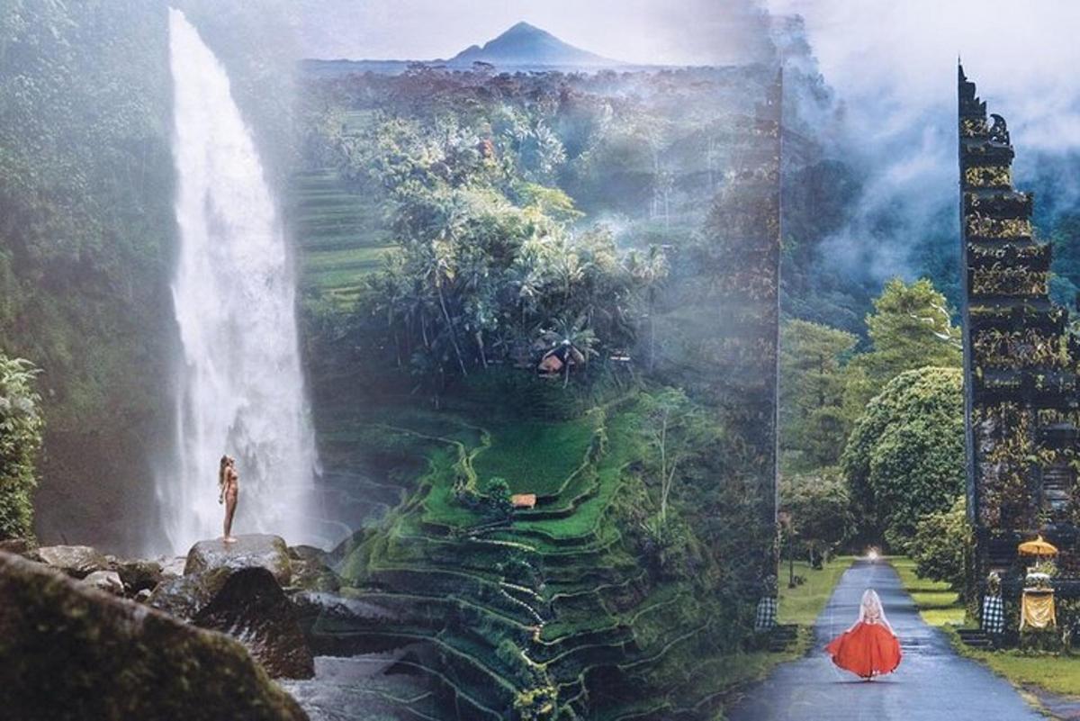 a painting of a waterfall and a woman standing in front of a fountain