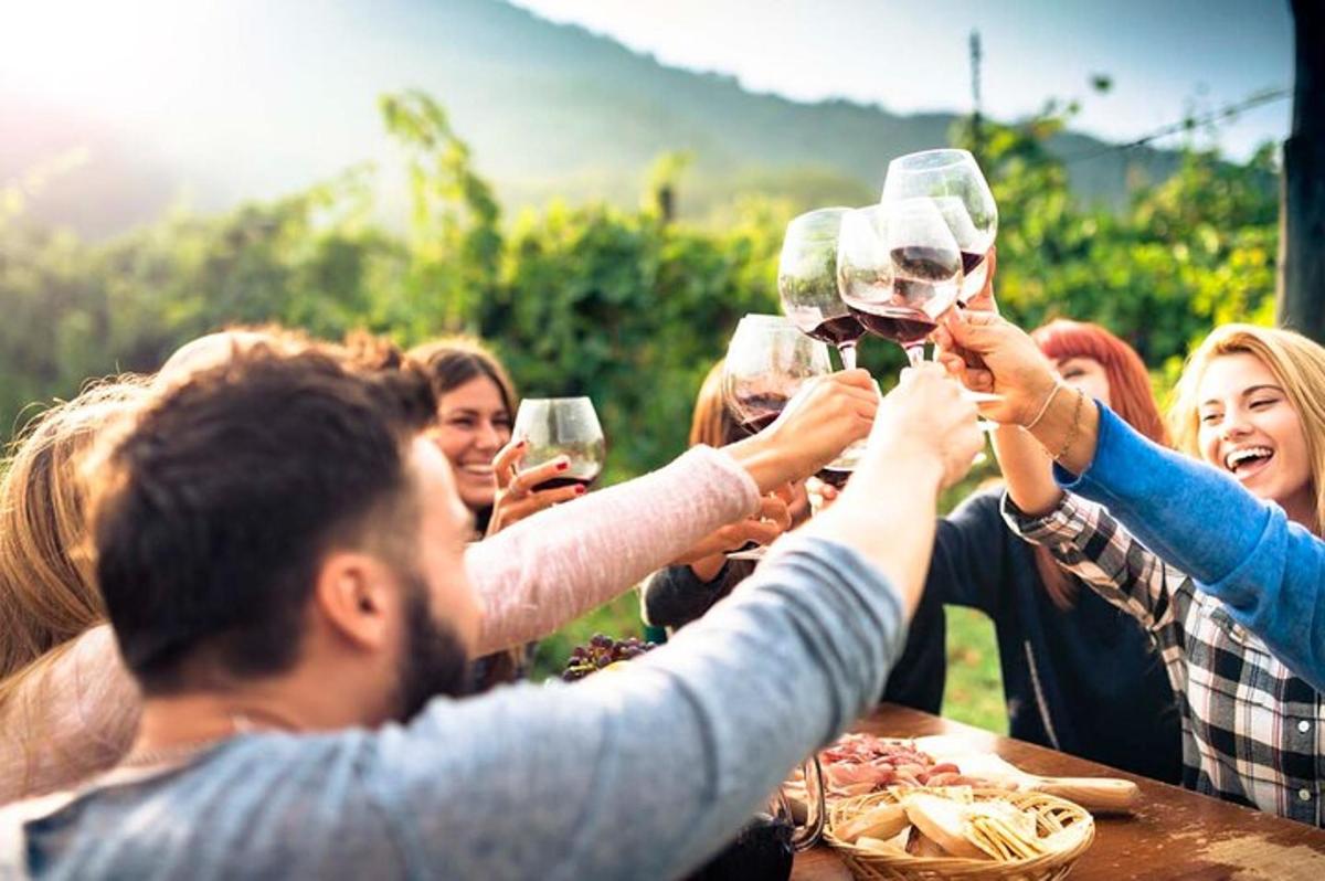 skupina ljudi, ki držijo kozarce vina