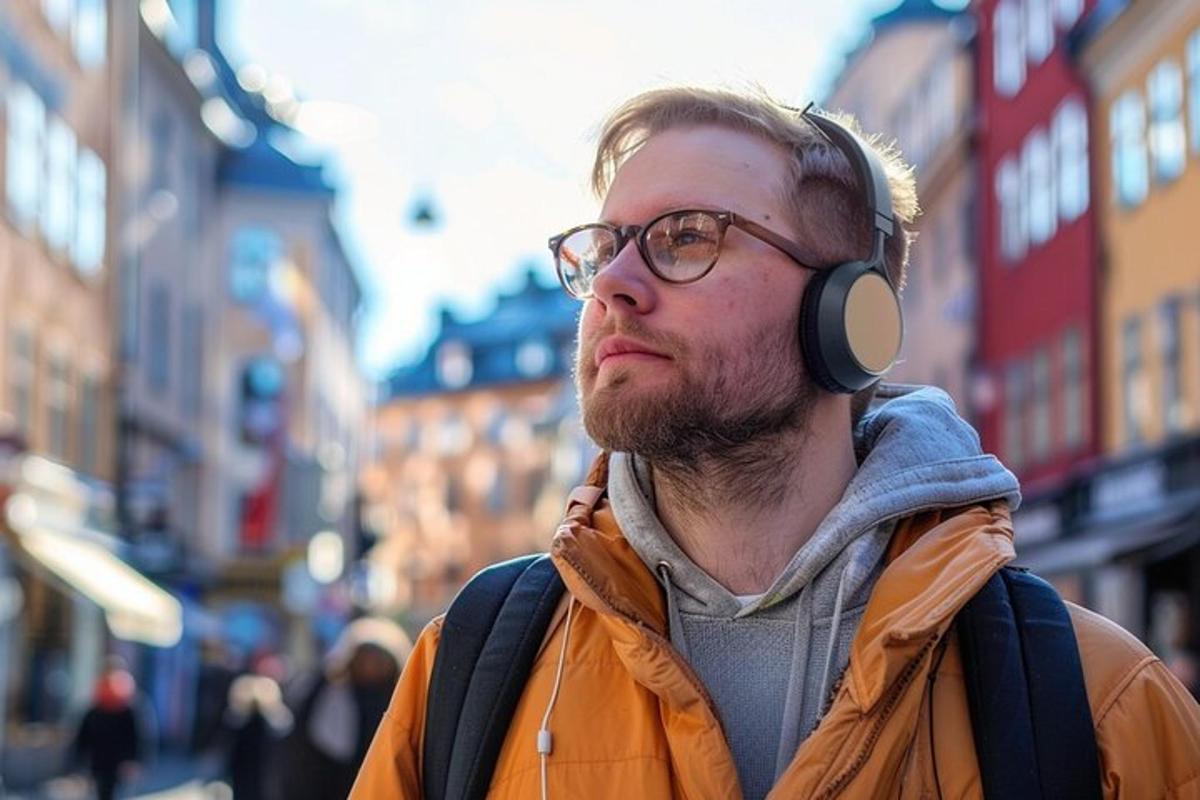 ein Mann mit Kopfhörern auf dem Kopf auf einer Stadtstraße