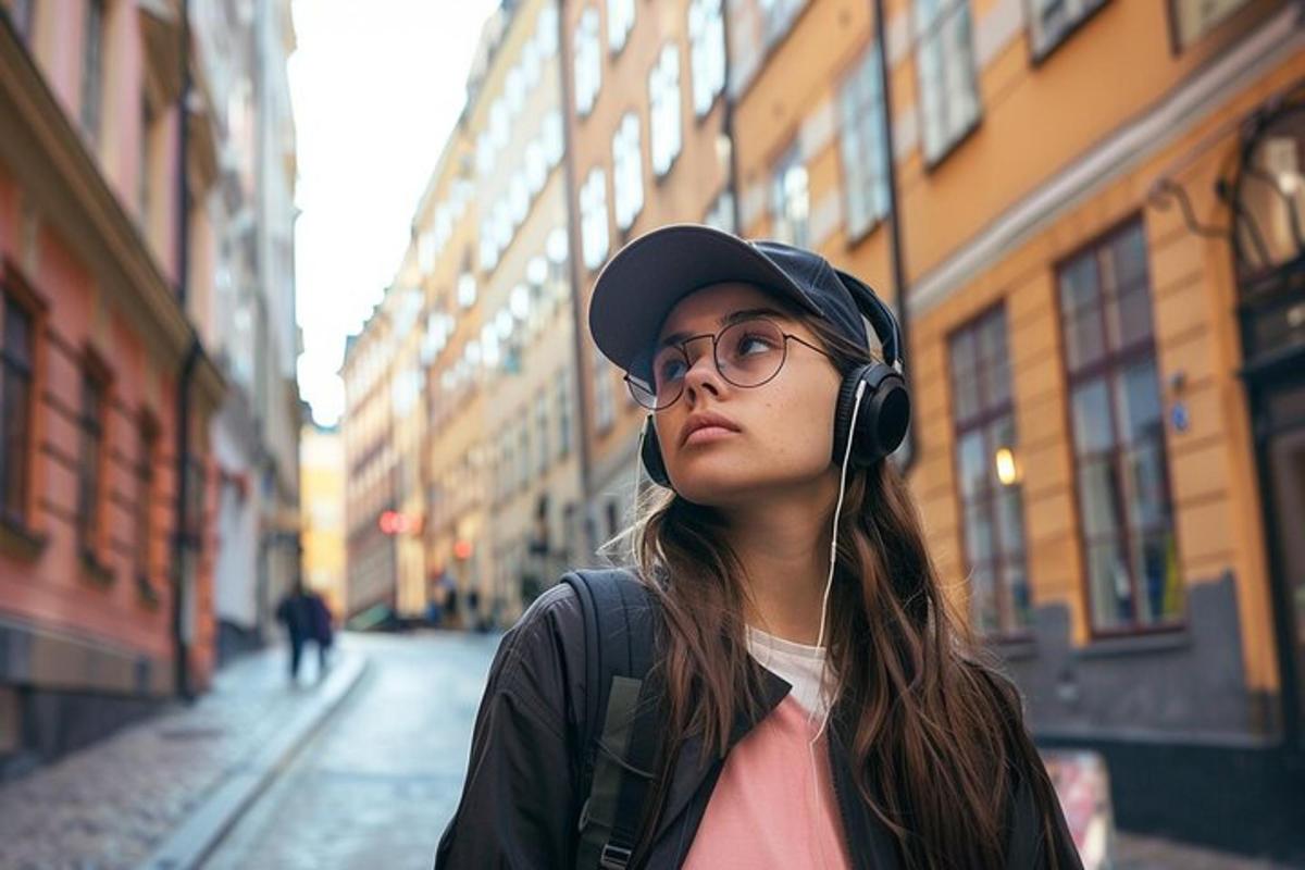 eine Frau mit Kopfhörern, Hut und Brille