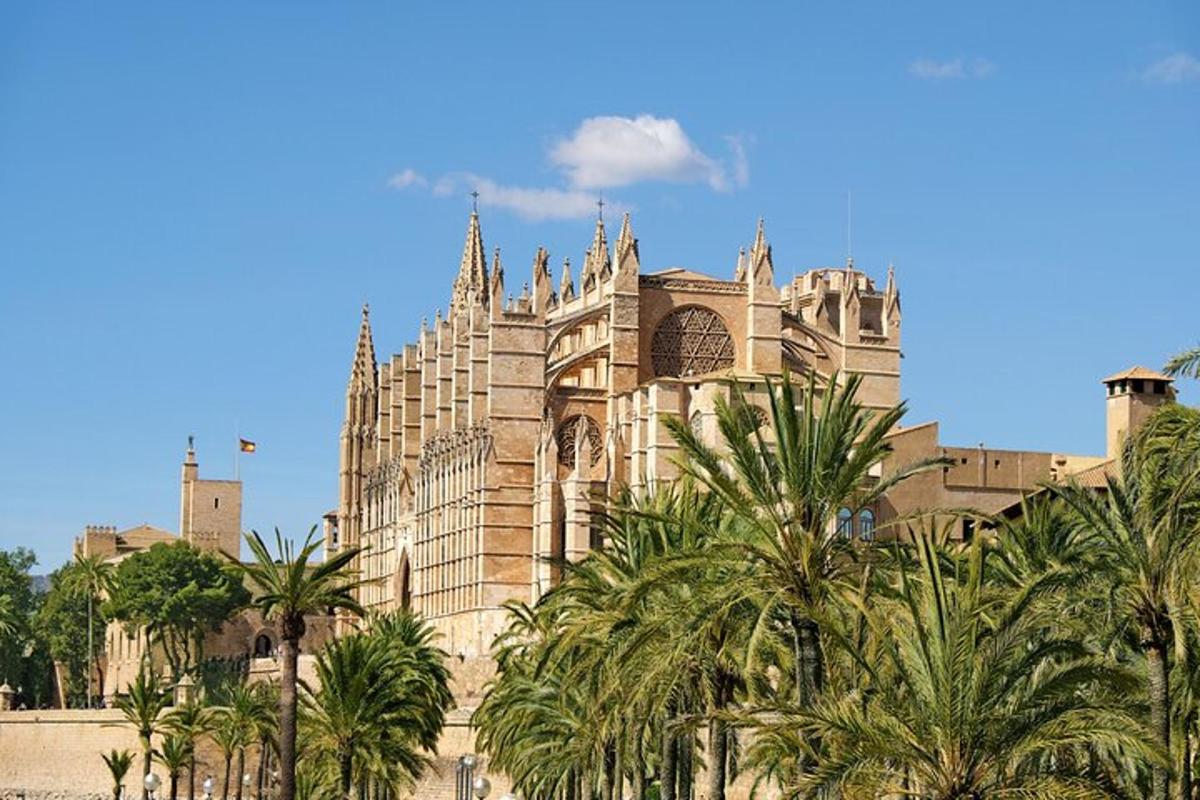 a large building with palm trees in front of it